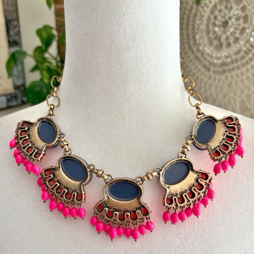 J.Crew Fan Fringe Statement Necklace Navy Blue Coral Pink Beaded Bib Chunky