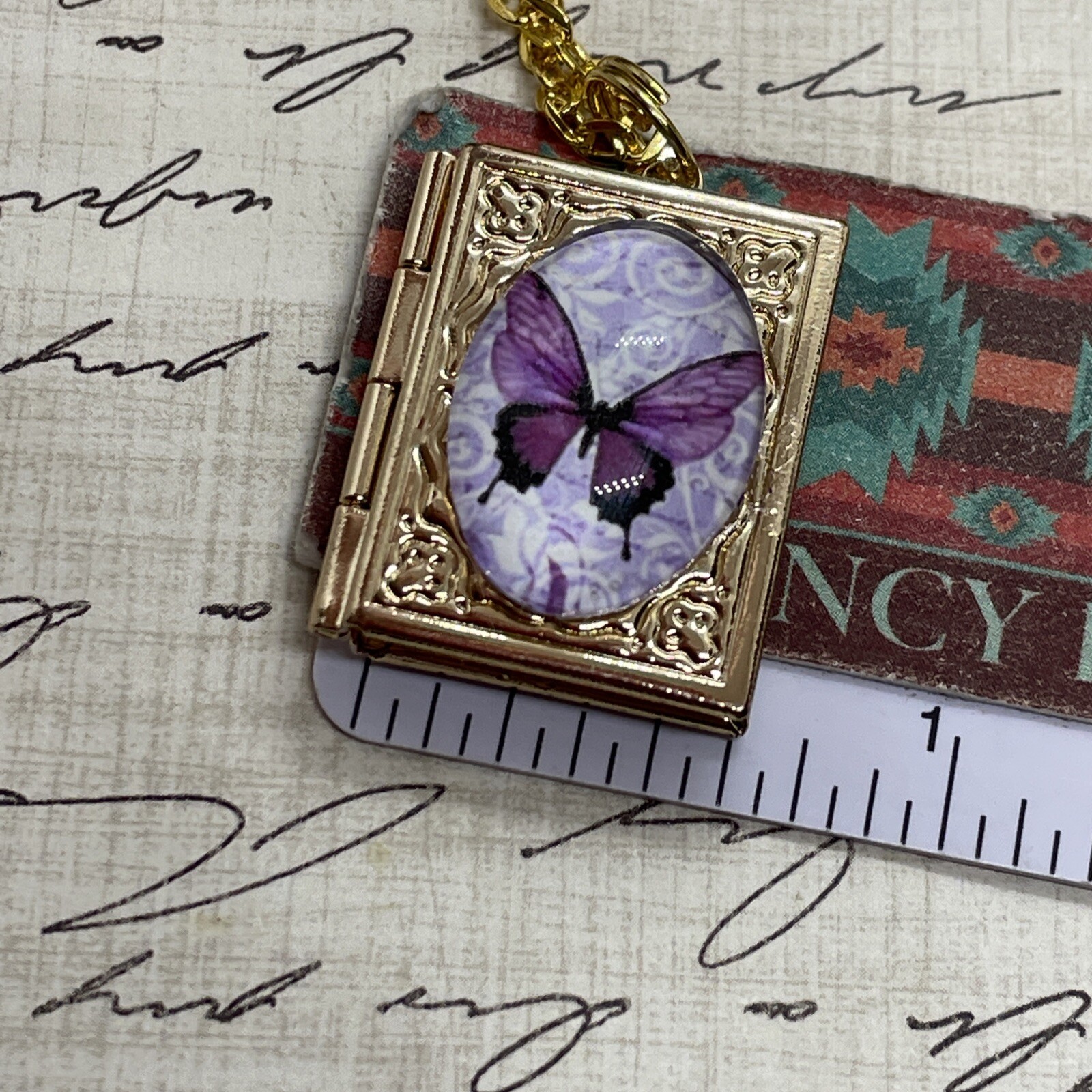 Gold Birthday anniversary purple BUTTERFLY book Locket pendant necklace photo