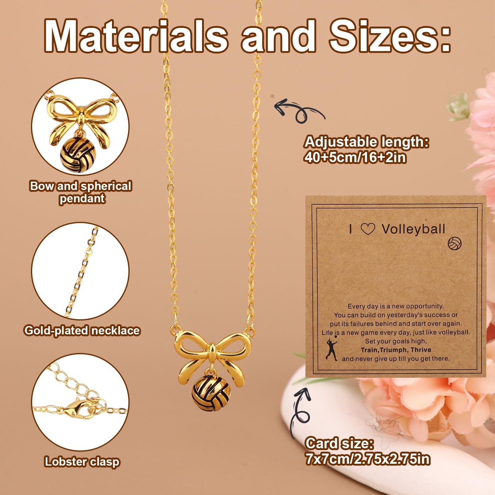 Mikovivi Volleyball Necklaces, 40+5cm/16+2in Adjustable Bow Medium, gold-tone