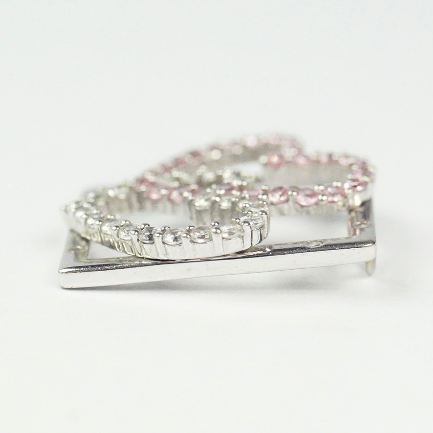 Sterling Silver Pink Ice And Clear Colorless CZ Hearts In Rectangle Pendant