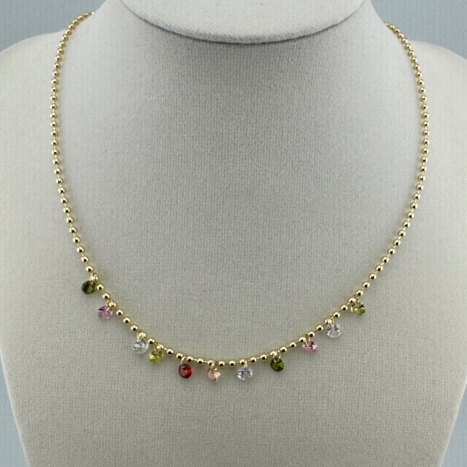 Gold Tone Multi Color Crystal Charm Ball Chain Necklace Adjustable Lobster Clasp