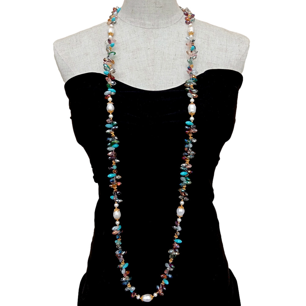 Cultured Freshwater White Rice Pearl Multi Color Crystal Long Necklace 49″