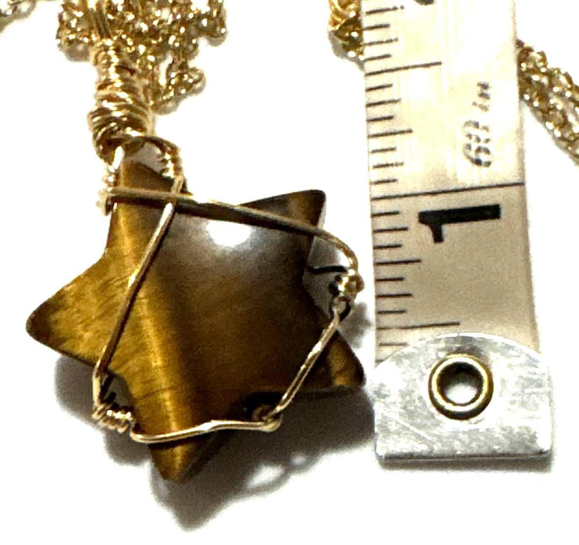 Tigers Eye Star Pendant Necklace Jewelry Gold Tone Chain Genuine Stone Handmade