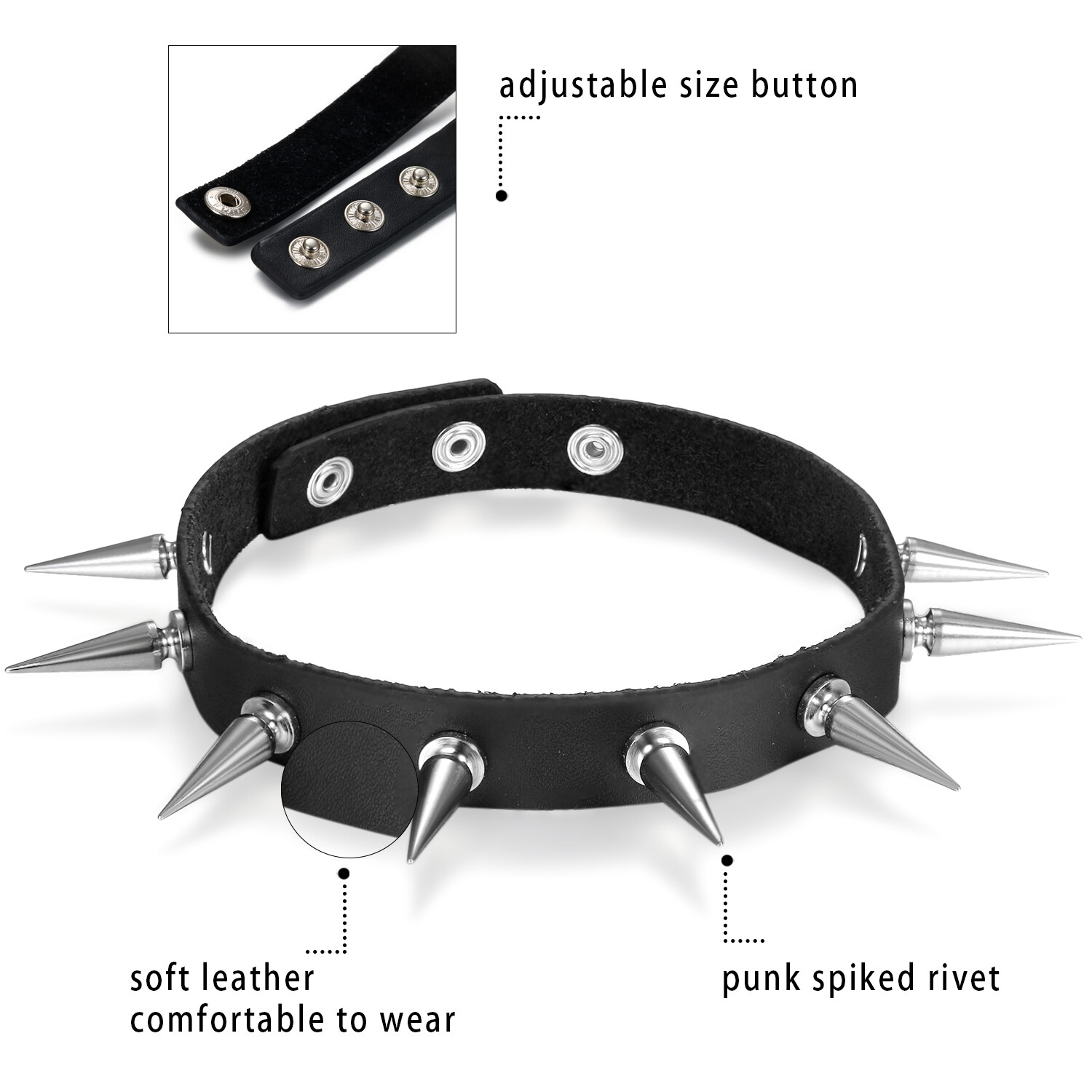 Punk Gothic Long Spike Stud Belt Black Faux Leather Snap Choker Collar Necklace