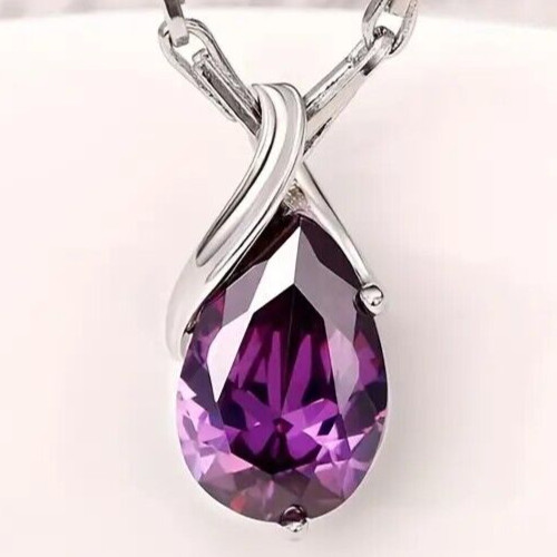 Exquisite Silver Plated Teardrop Amethyst Necklace Bridal Engagement Wedding