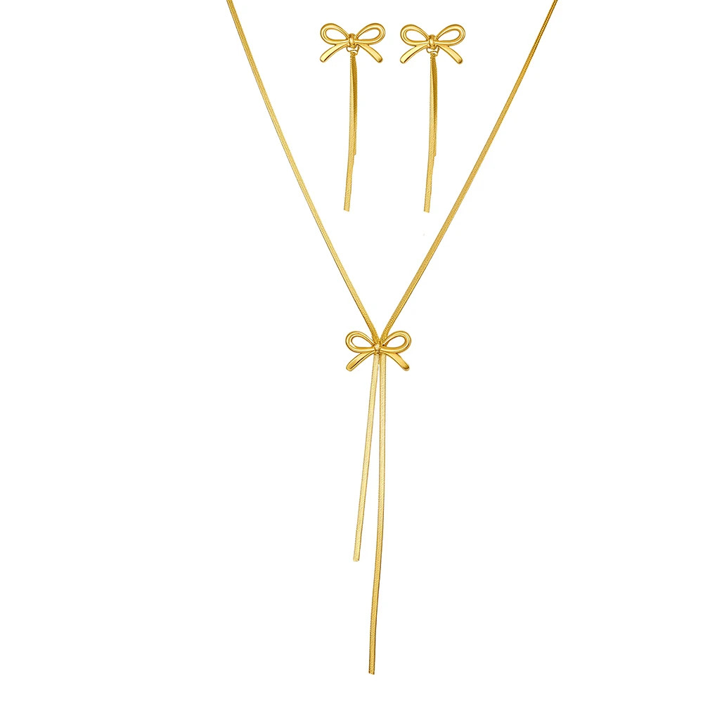 Stainless Steel Bow Tassel Necklace & Earings Women Collar Chain Jewelry Gift