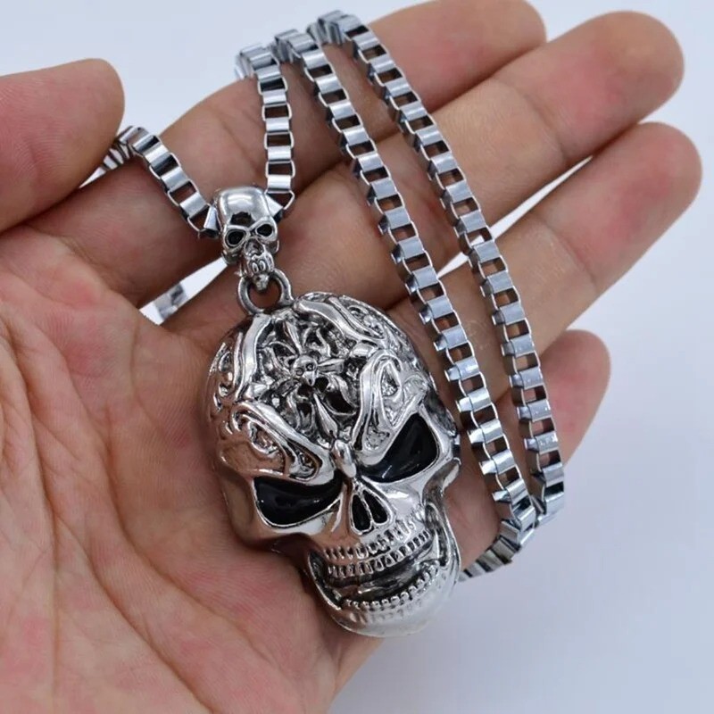 Mens Large 2″ Sugar Skull Metal Pendant Necklace 22″ Box Chain Biker Punk