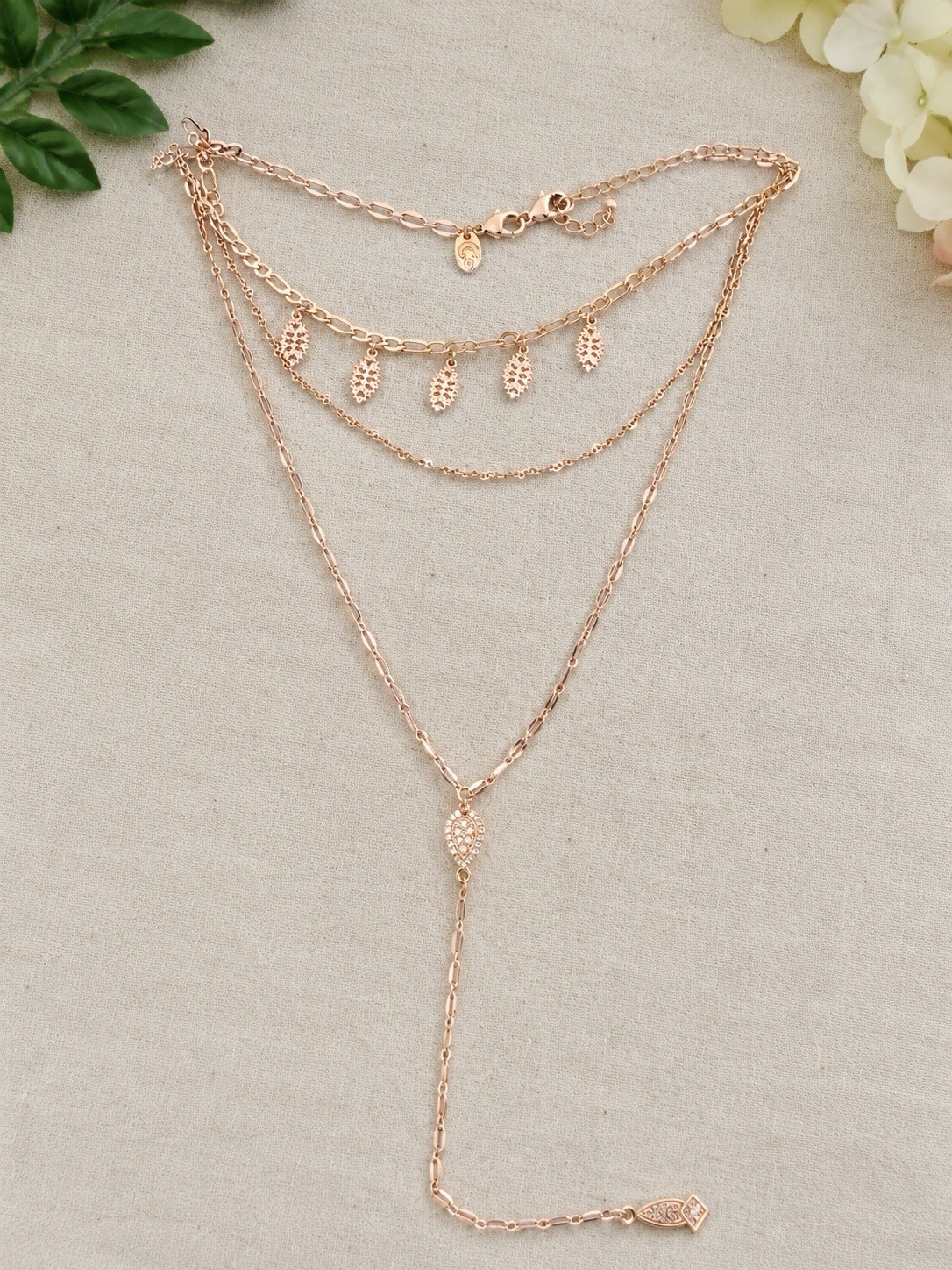 Rose Gold Tone Layered Y Necklace Leaf Charm Rhinestone Pendant Adjustable