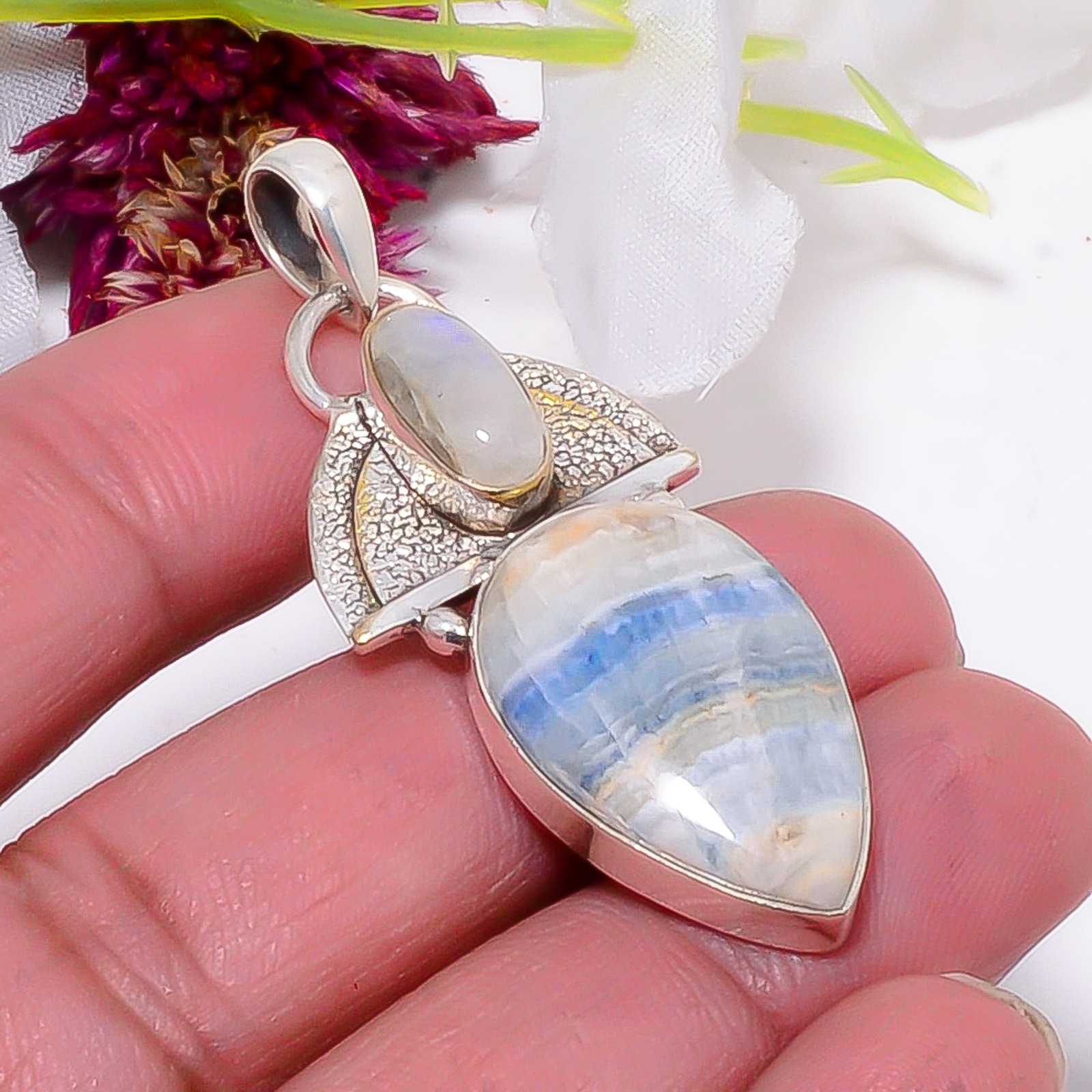 Blue Scheelite – Turkey & Rainbow Moonstone 925 Sterling Silver Pendant 2.03″ S9