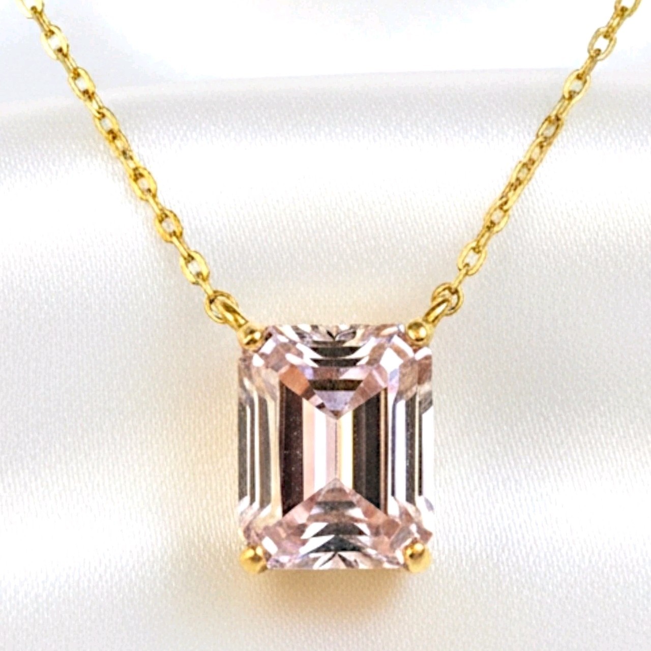 Gold Cake 925 Sterling Silver Pink CZ Emerald Cut Necklace Gold Plated 17″-20″