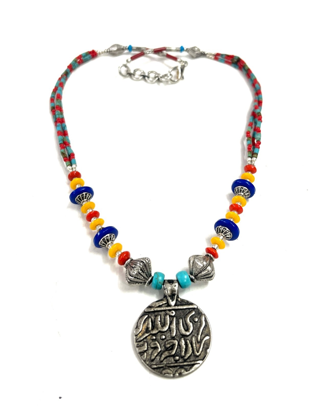 Turquoise Lapis Coral Gemstone Tibetan Antique Necklace Jewelry, 18 Inc Adjs
