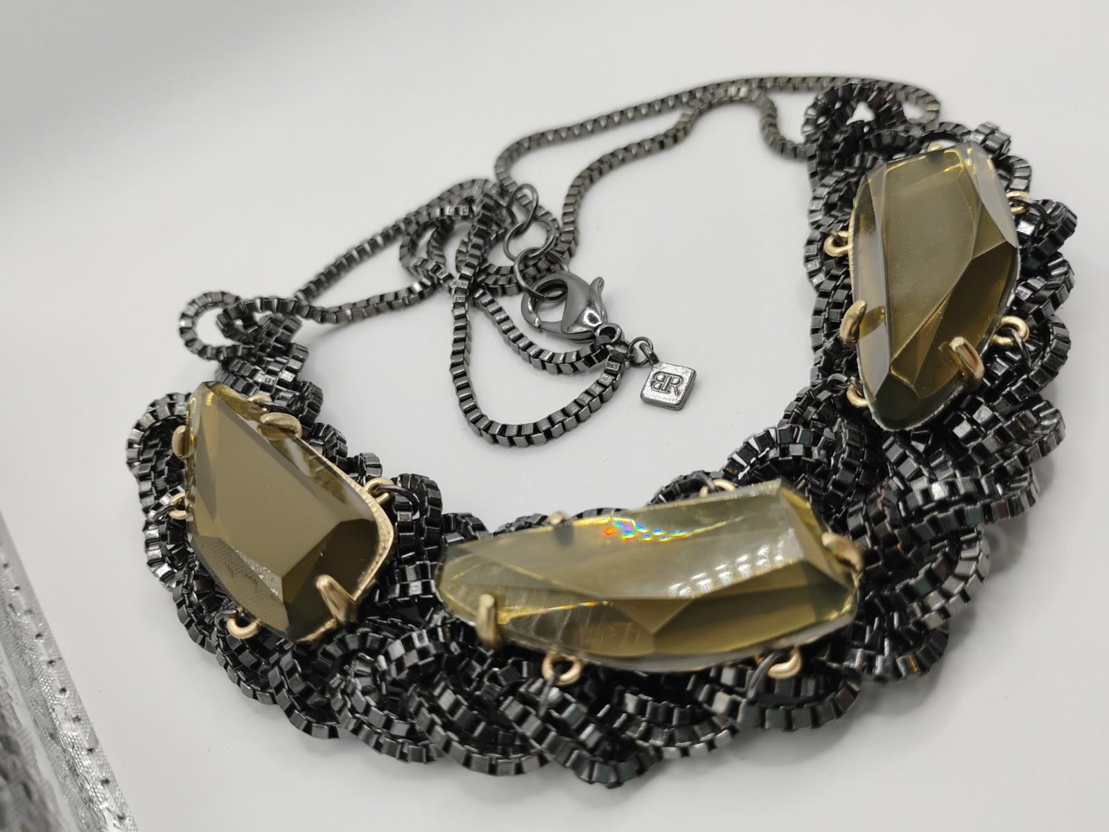 Banana Republic Crystal Choker Necklace Smoke Topaz Tan Faceted Chainmail BP