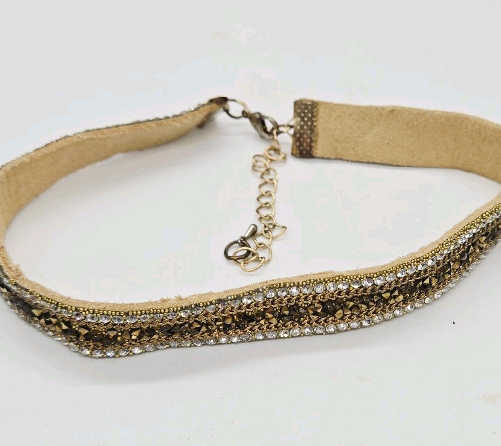 Crystal Leather Choker Necklace Wide Tan Leather Couture Adjustable 15 in