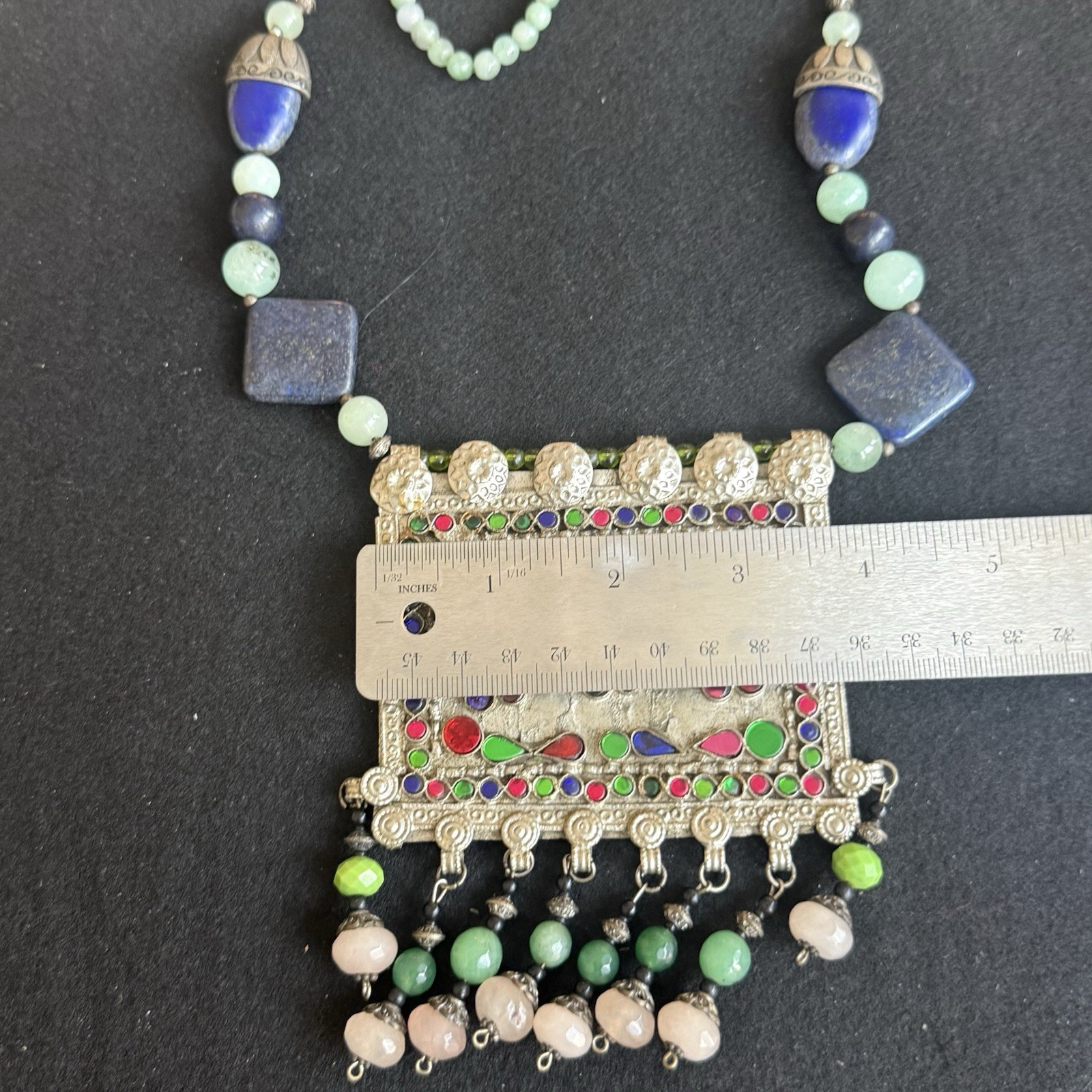 Multicolor Beaded Statement Necklace Silver Rectangle Floral Charm Dangle