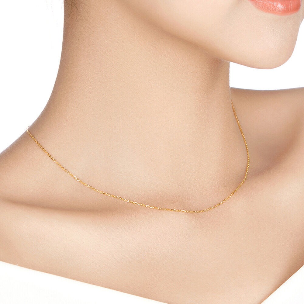 Long Rolo Chain 10-36″ 100% Pure 18k Yellow Gold Necklace For Women Genuine 18ct