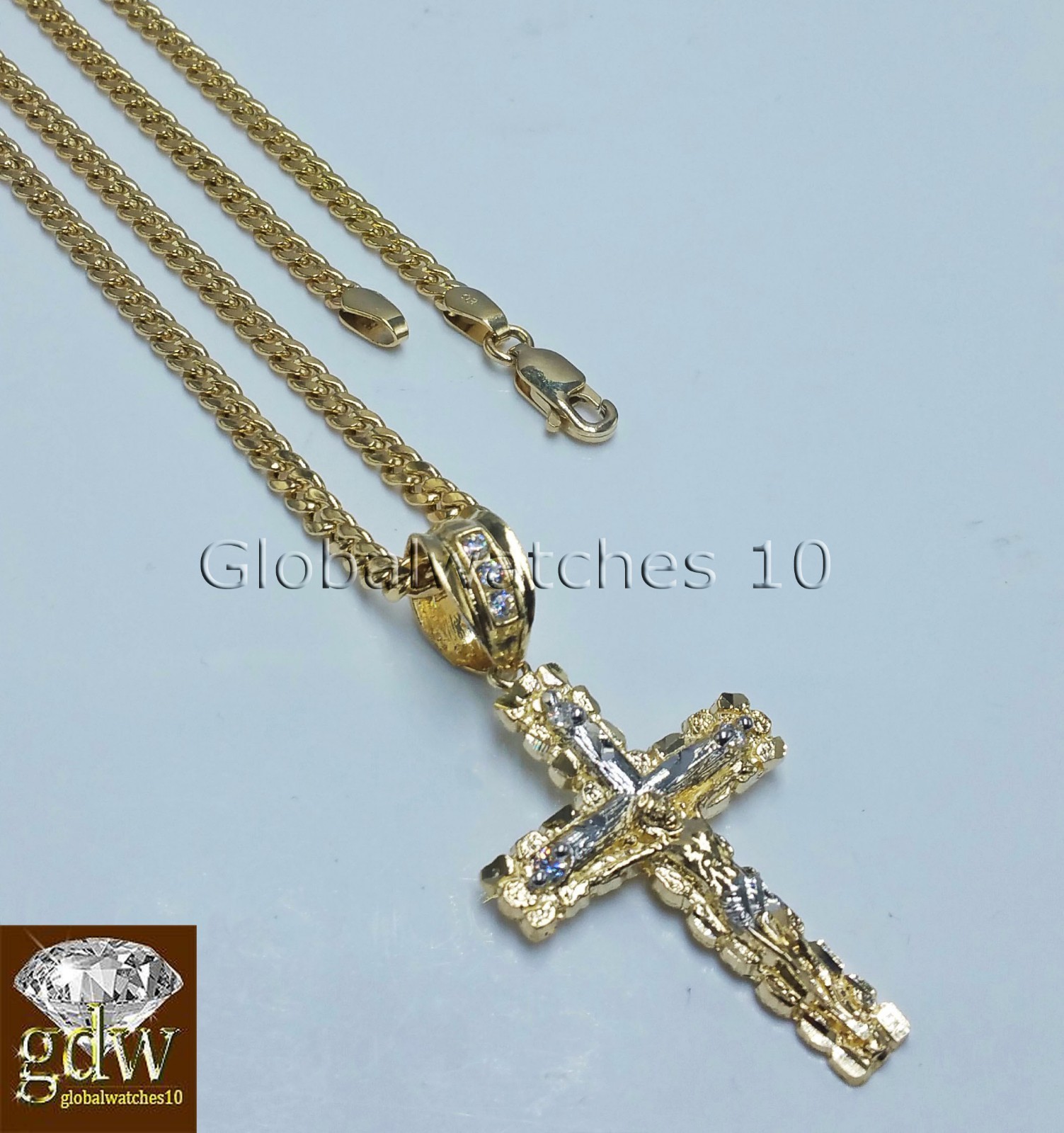 Real 10k Yellow Gold Jesus Cross Charm Pendant 18″ Miami Cuban Link Chain SET