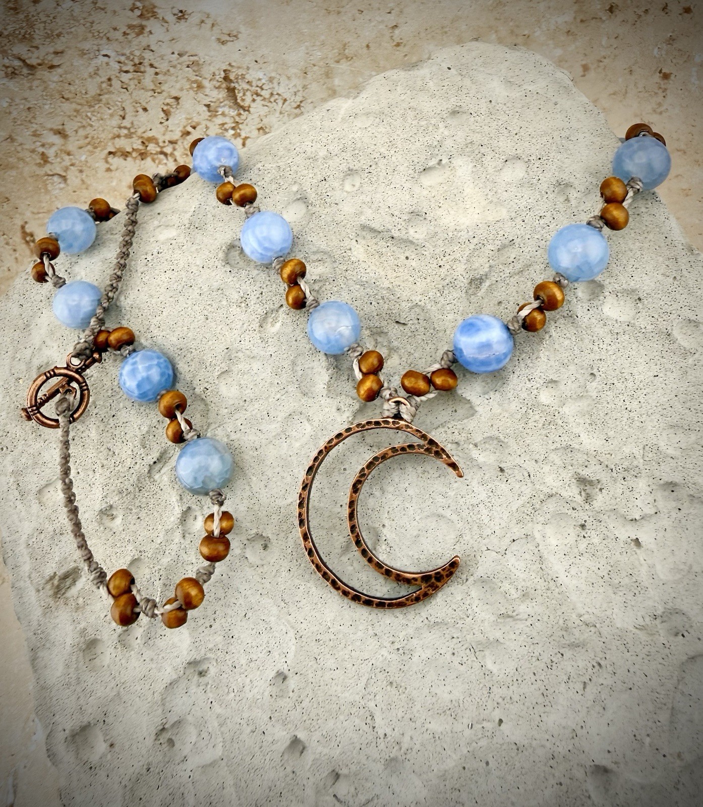 Copper Moon Pendant Necklace w/ Blue Banded Crackle Agate Crystal USA Artisan