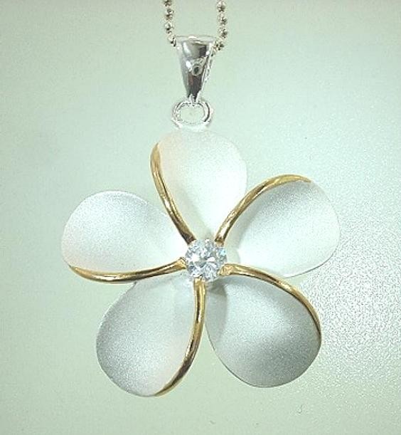 26MM 2-TONE YELLOW GOLD PLATED 925 SILVER HAWAIIAN PLUMERIA FLOWER CZ PENDANT