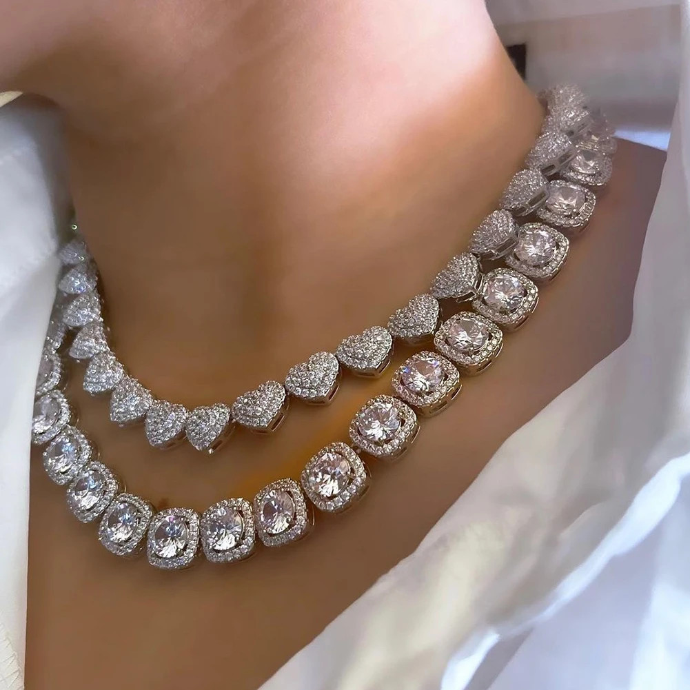 Diamond Paved Crystal Heart Cuban Link Chain Necklace for Women Hip Hop Iced Ou