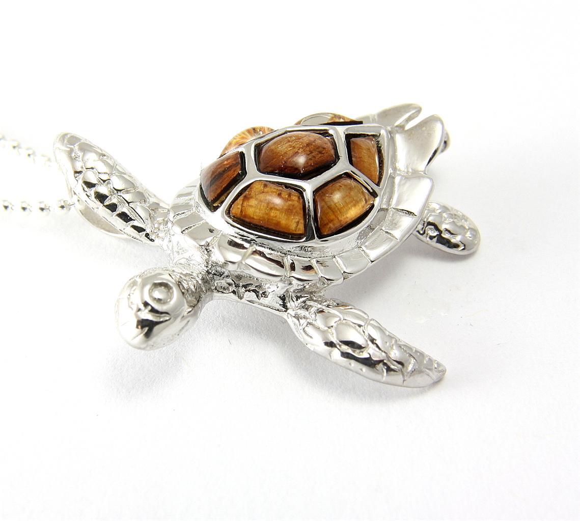 GENUINE INLAY HAWAIIAN KOA WOOD SEA TURTLE SLIDER PENDANT SILVER 925 MEDIUM 32MM