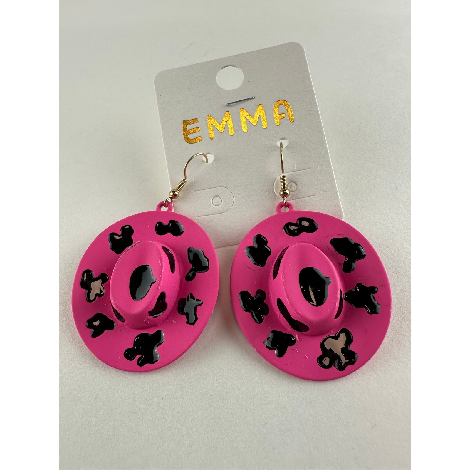 EMMA Western Pink Cow Print Cowboy Hat Pendant Necklace and Earring Set