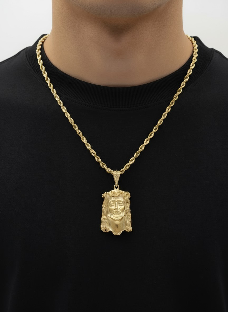 Large Jesus Pendant Necklace, 5mm French Rope Chain, 14k Heavy Gold Plated