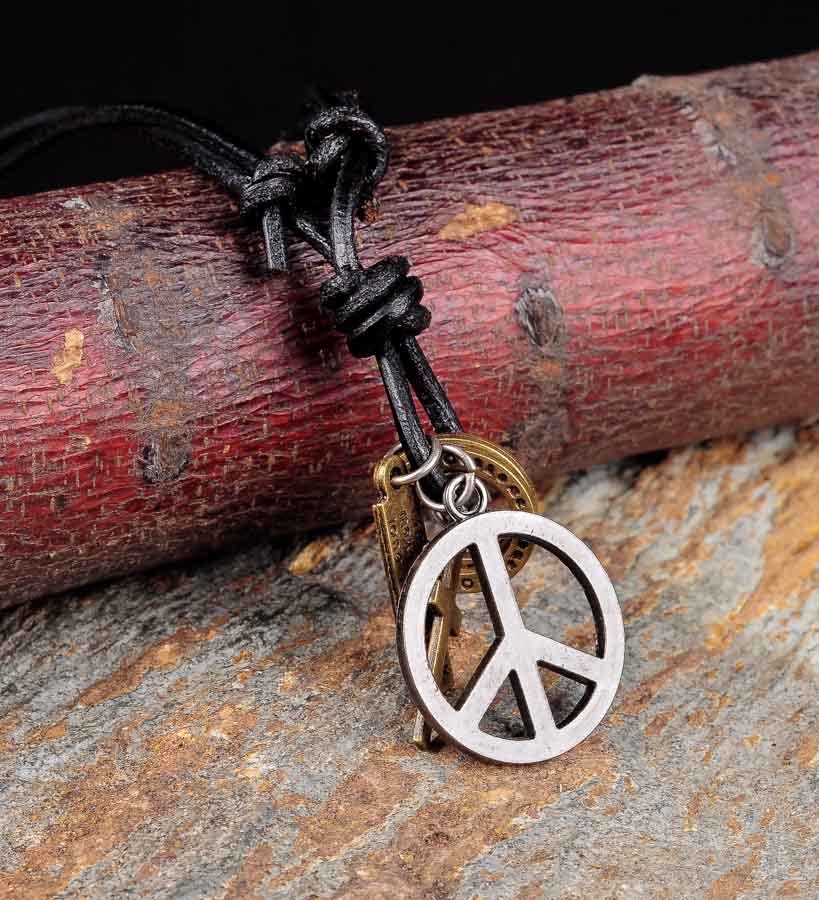 PN46 Cool Mens Surfer Beach Genuine Black Leather Choker Necklace Peace pendant