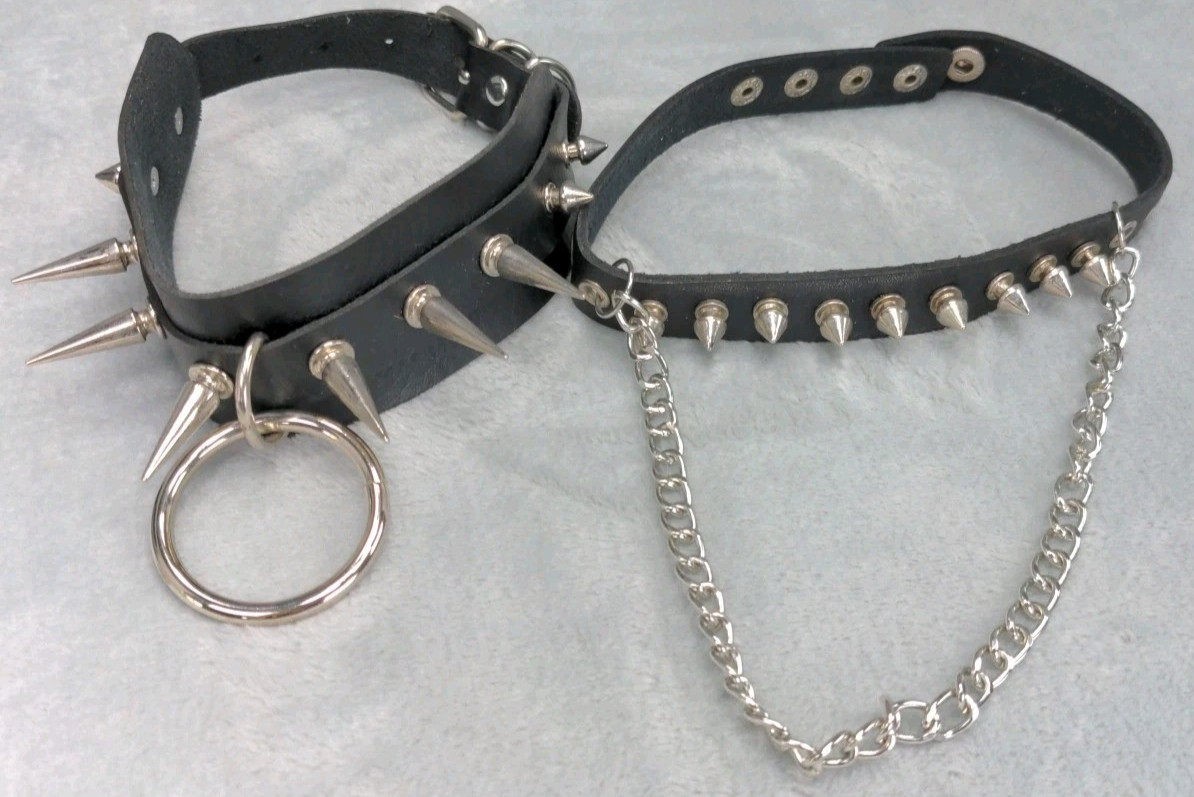 Gothic Spike Necklace Choker Faux Leather Punk Collars Black Emo Lot Of 2