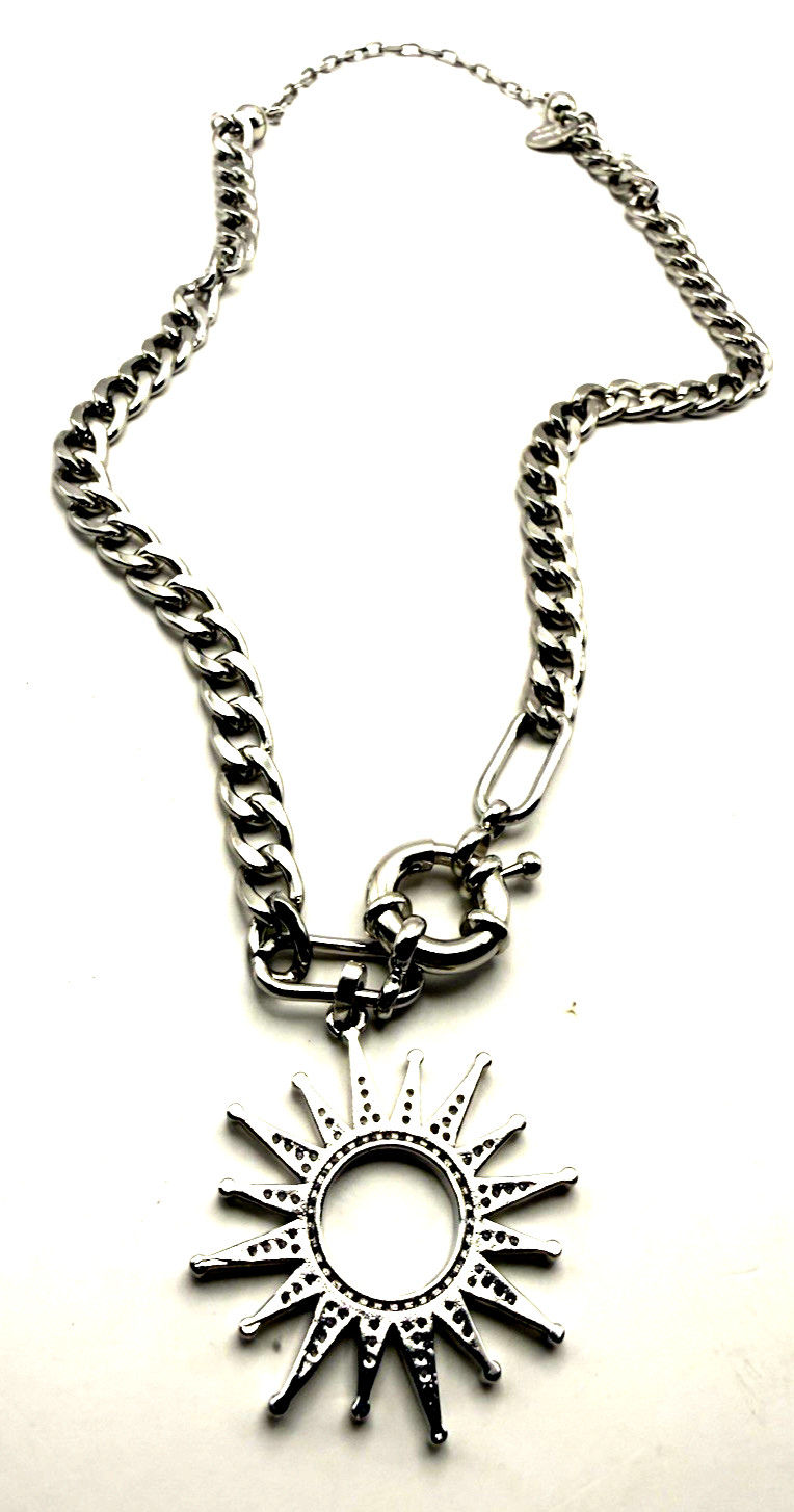 MELANIA CLARA 17″ Silver Tone Crystal Sunburst Pendant Front Clasp Necklace