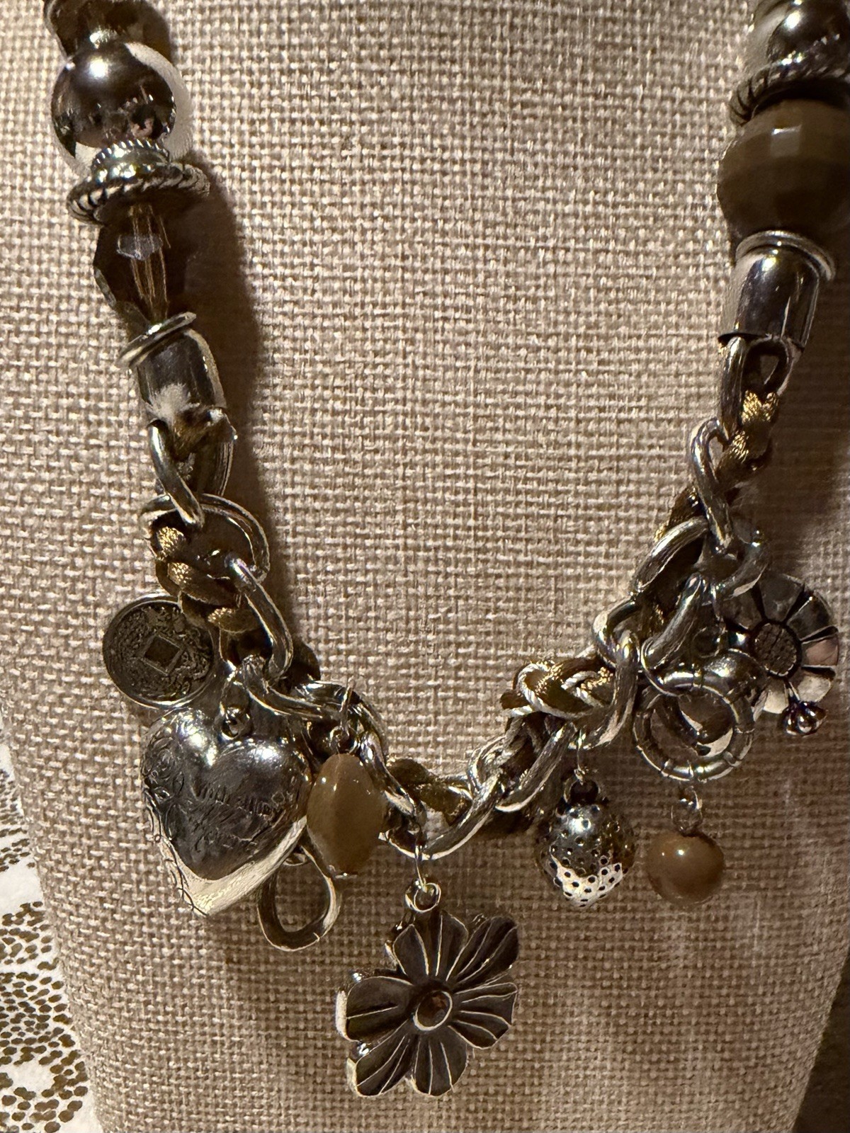 Silver Tone Brown Round Stone & Flower Charm Necklace, Adjustable