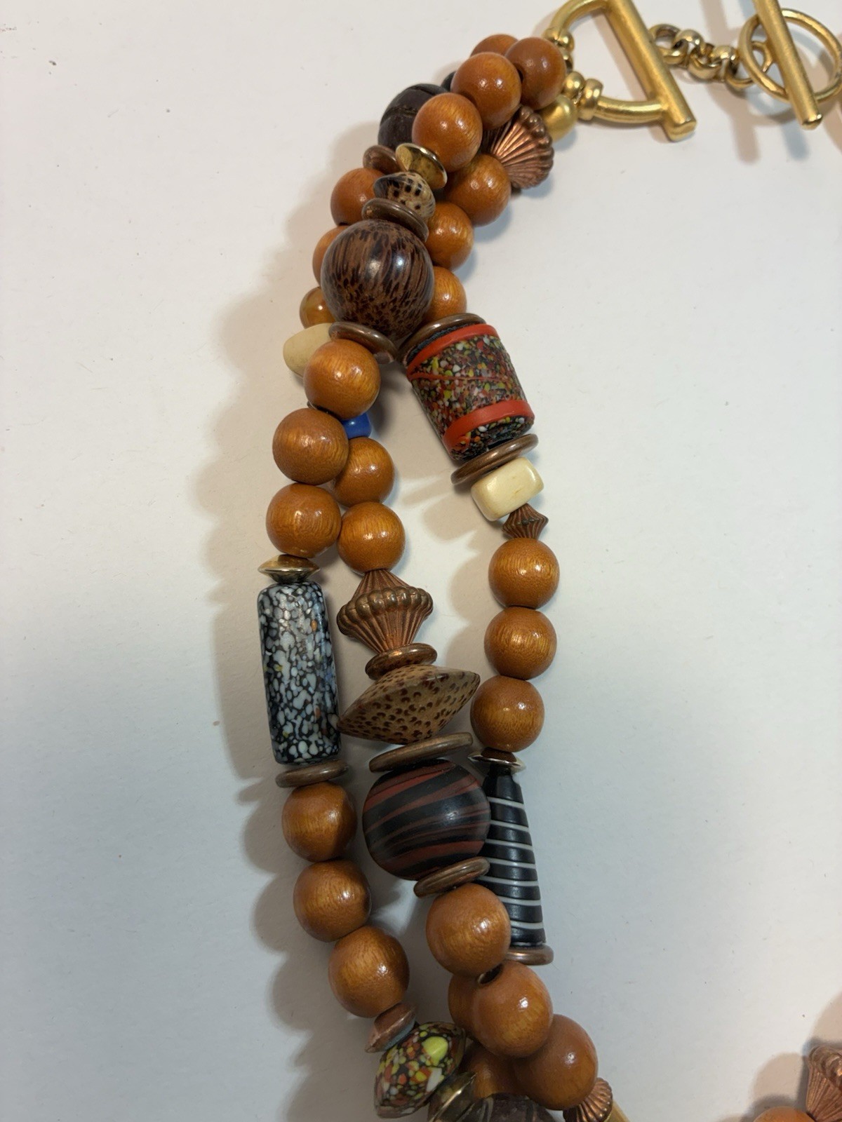 Artisan Multi-Strand Beaded Statement Necklace Wood Glass Metal Toggle Bohemian