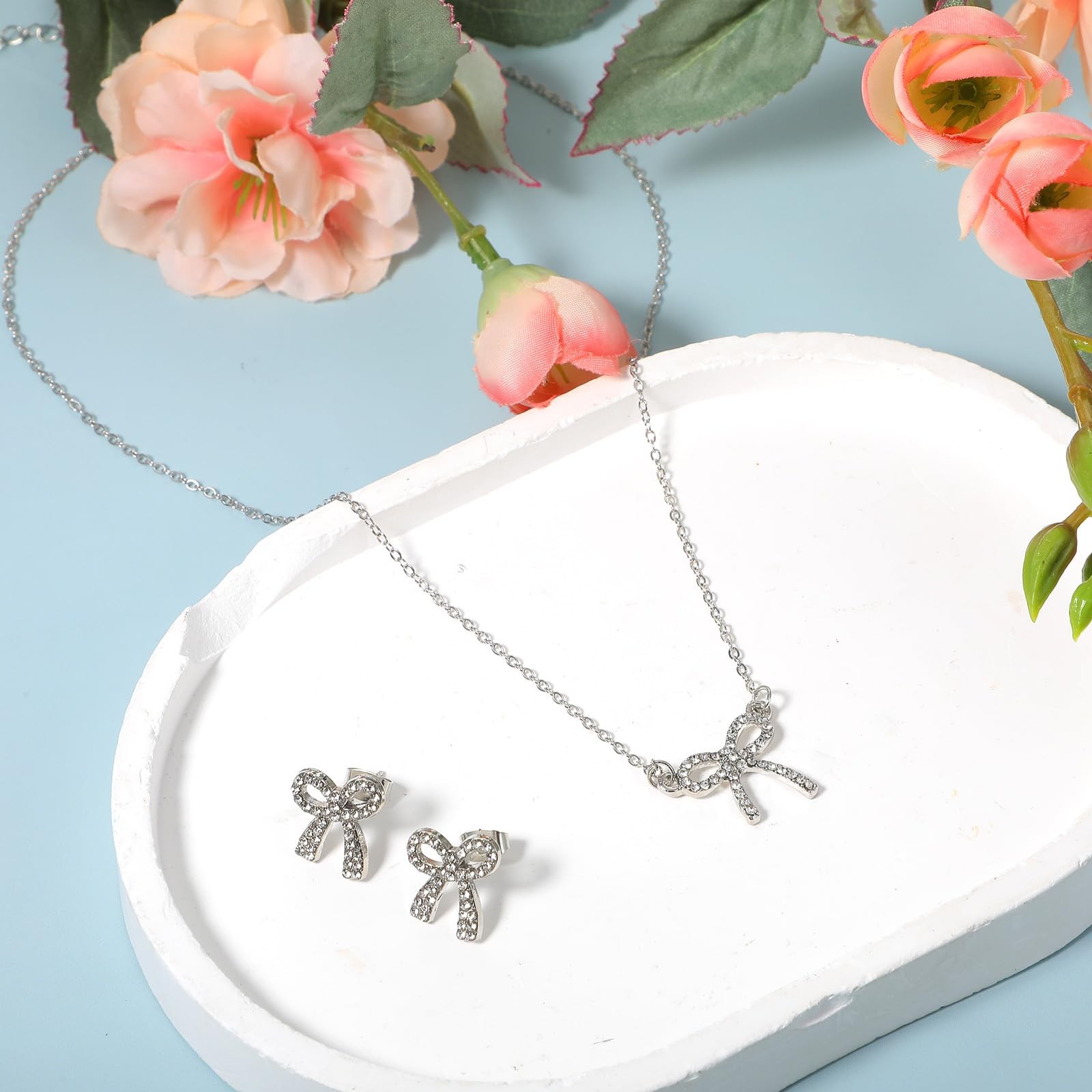 Silver Bow Necklaces Earrings for , Sparkly Rhinestone Bow Necklace Choker Ea…