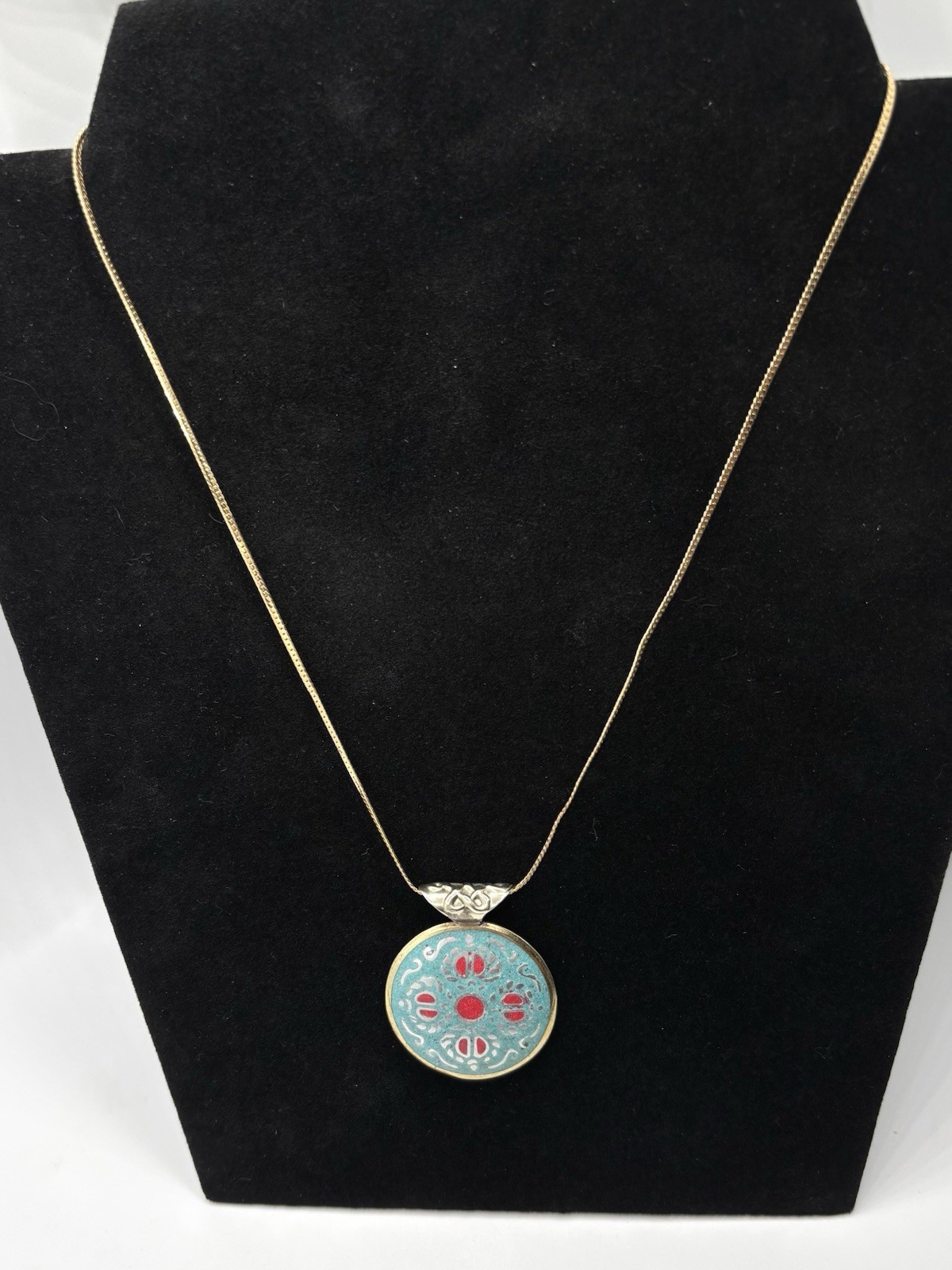 Symbolic Double-Sided Inlay Nepal Amulet Buddha Kathmandu Pendant Necklace