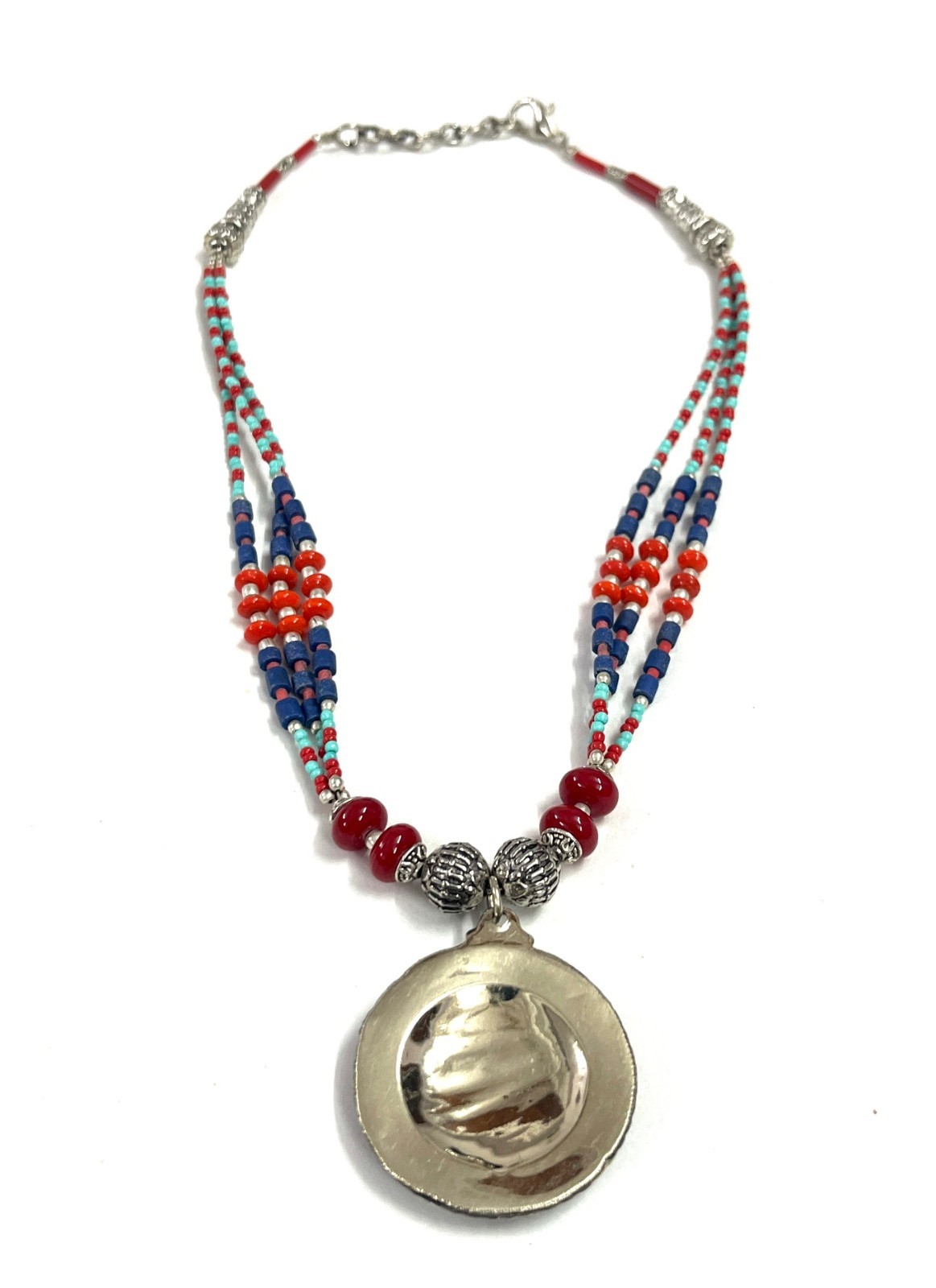 Ethnic Lapis Lazuli Coral Gemstone Nepalese Boho Necklace Jewelry, 17 inch