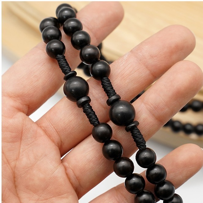 Ebony Black Wood Bead Fifteen 15 Decade Rosary Crucifix Madonna and Child Gift