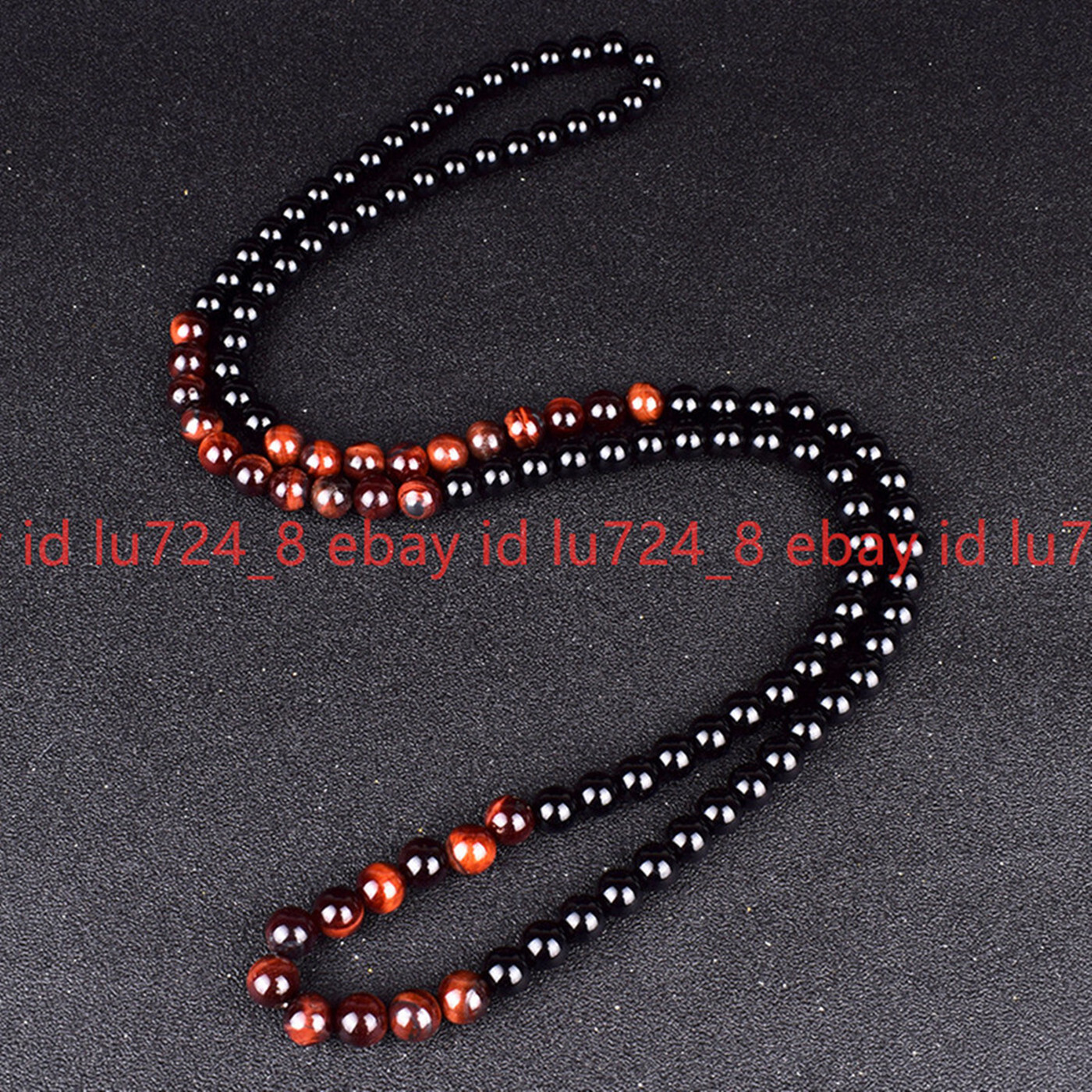 100% Natural 6MM Black Obsidian & 8MM Red Tiger’s Eye Round Gems Necklace 24in