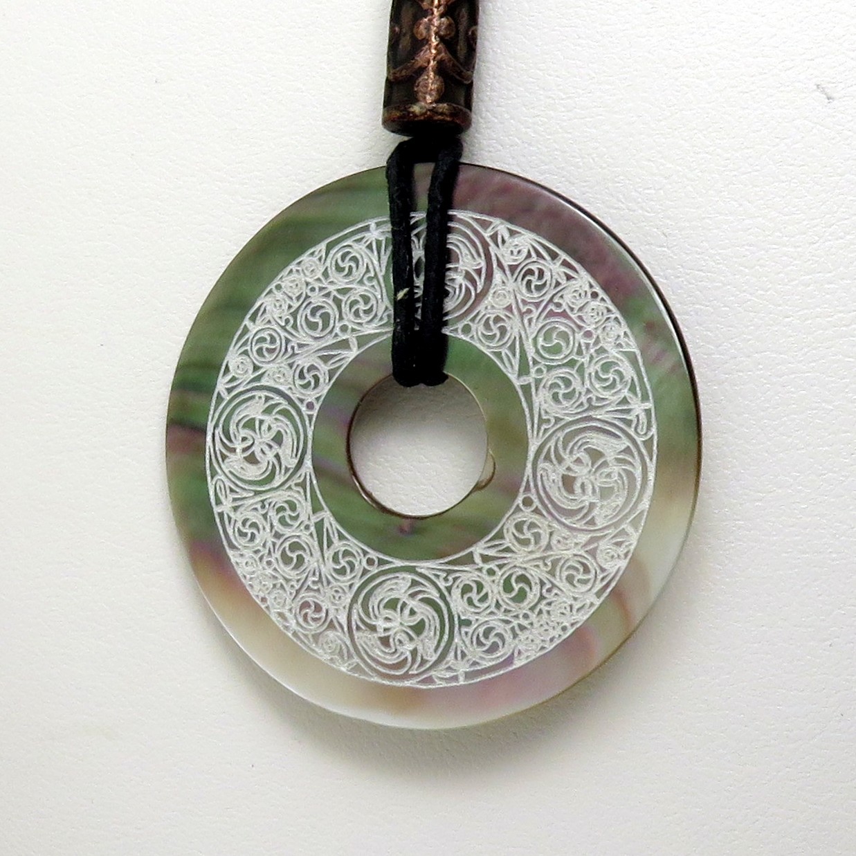 Celtic Knot Engraved Shell Donut Necklace with Waxed Cotton Cord – Adjustable