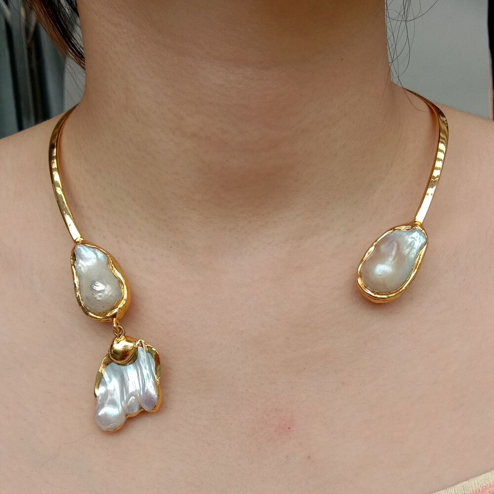 White Keshi Pearl 18 K Yellow Gold Plated Choker Necklace