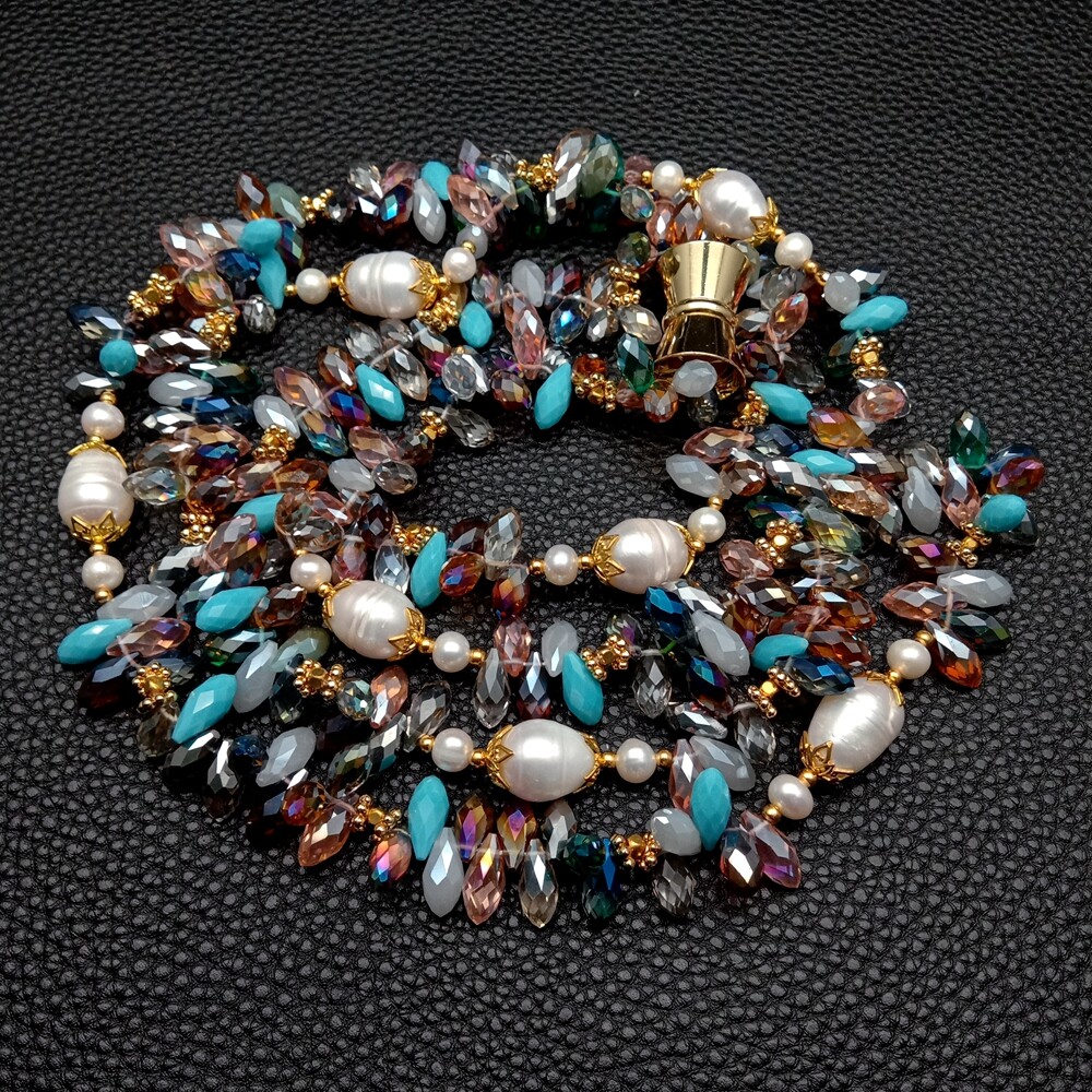 Cultured Freshwater White Rice Pearl Multi Color Crystal Long Necklace 49″
