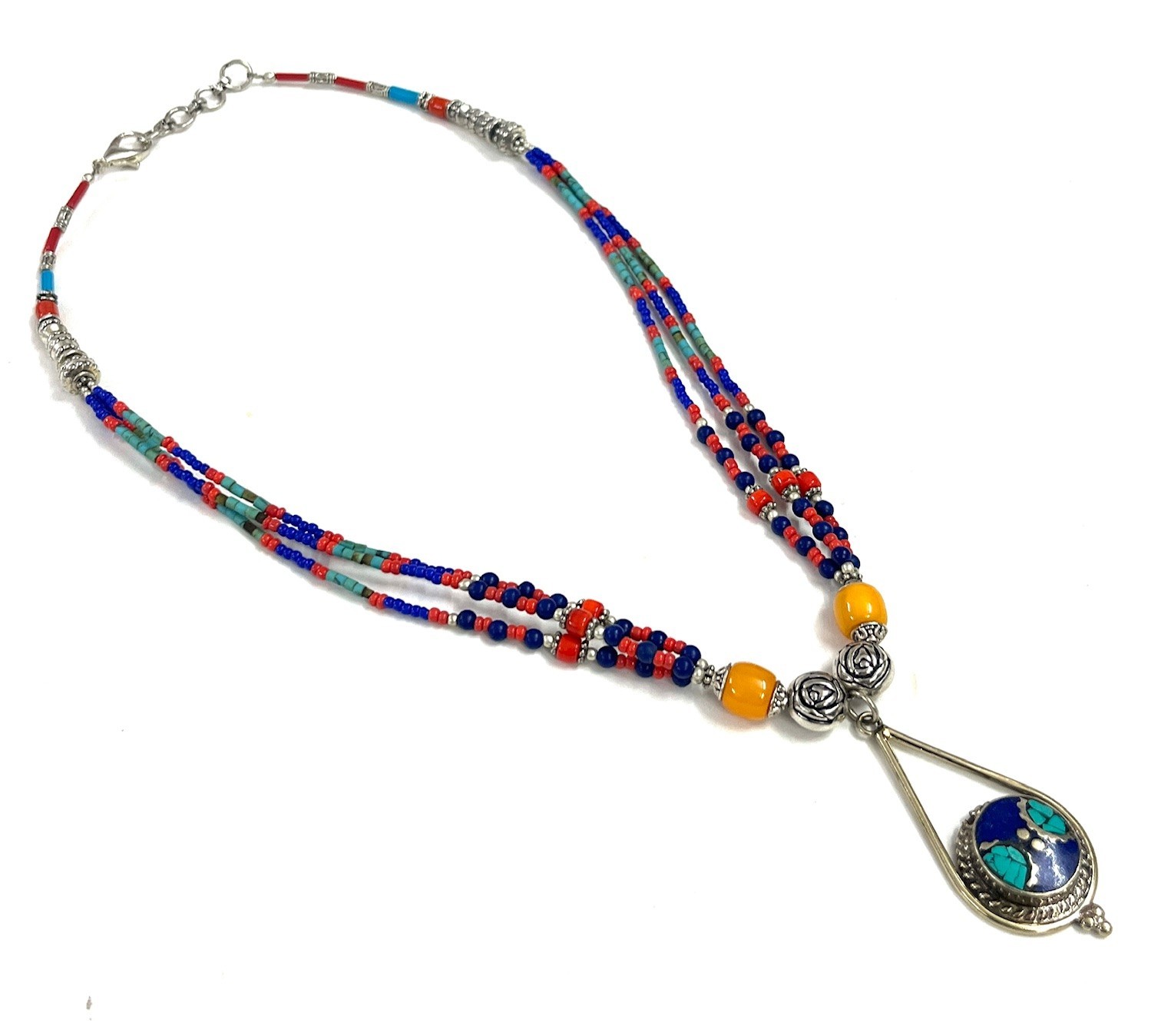 Vintage Lapis LAzuli Red Coral Gemstone Tibetan Necklace Jewelry, 18 Inch Adjust