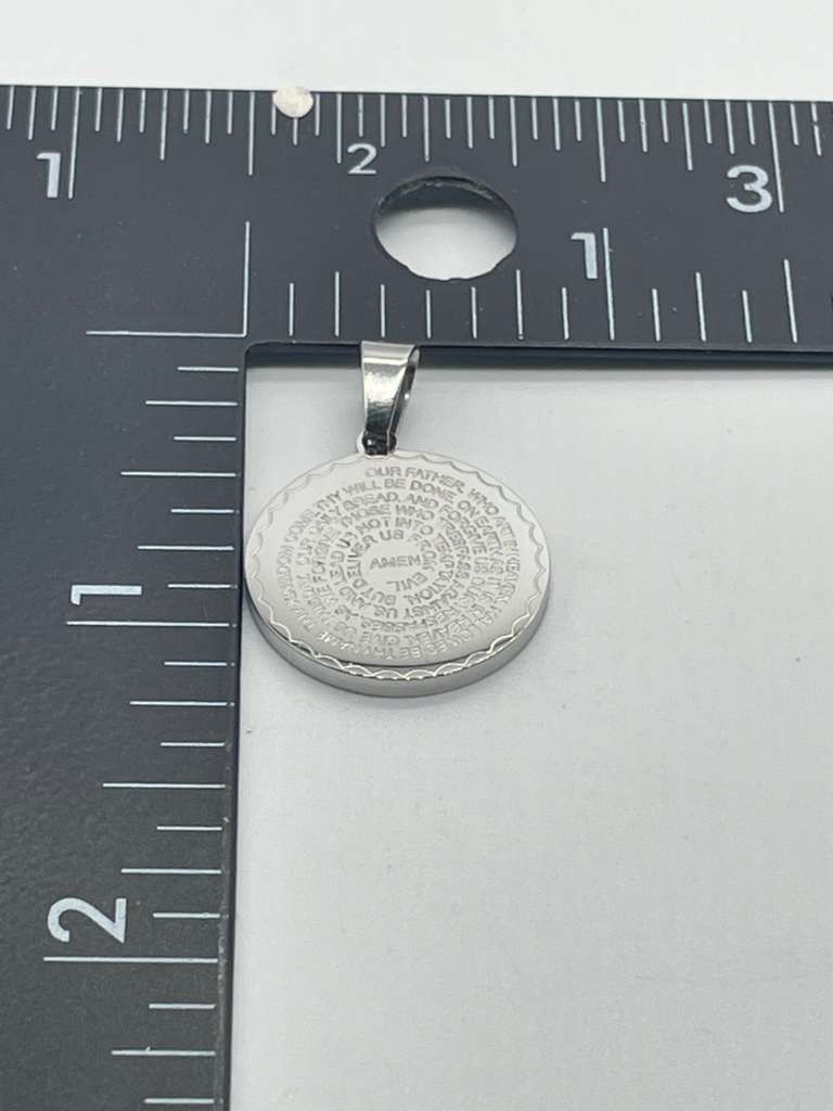 Silver Stainless Steel Our Father Prayer Engraved Medallion Pendant Necklace