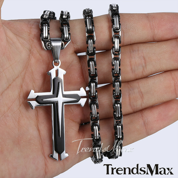 Mens Chain Silver Black Byzantine Box Stainless Steel Cross Pendant Necklace 22″