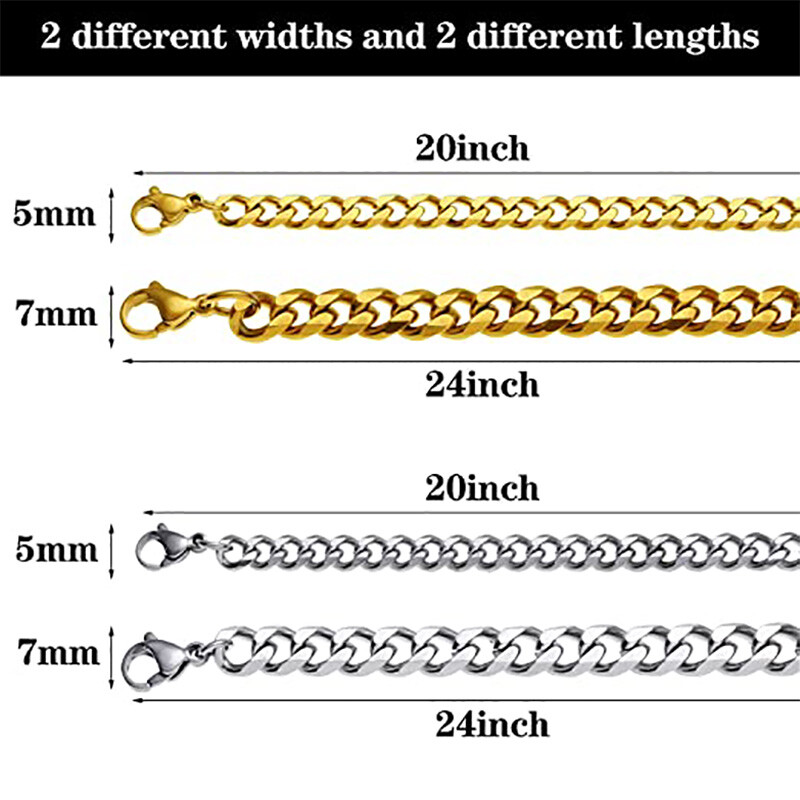 5/7MM 16-36″ Silver/Gold Plated Curb Cuban Link Chain Necklace Stainless Steel