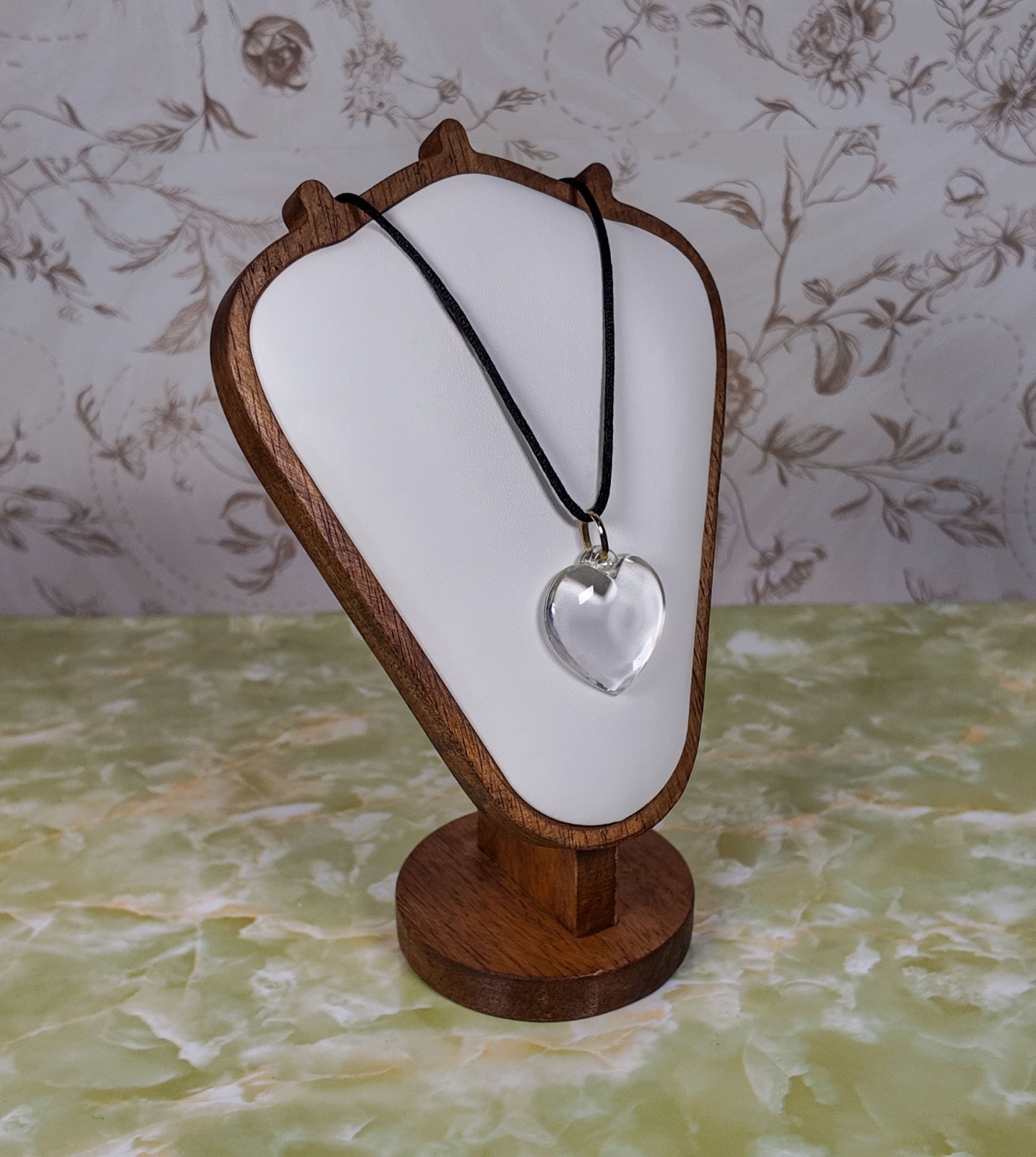Clear Glass Heart Pendant Necklace, Silver Tone Bail, Black Cord