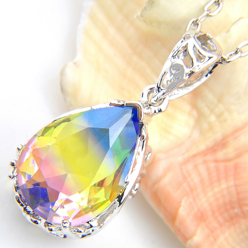 European Teardrop Rainbow Bi Color Tourmaline Gems Silver Necklace Pendants