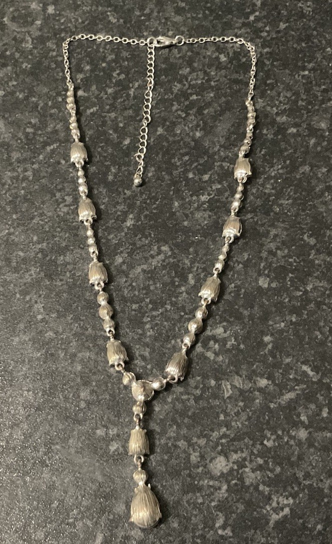 Preloved Y drop Necklace, Pink white crystal beads, silver tone 46cm + Extn