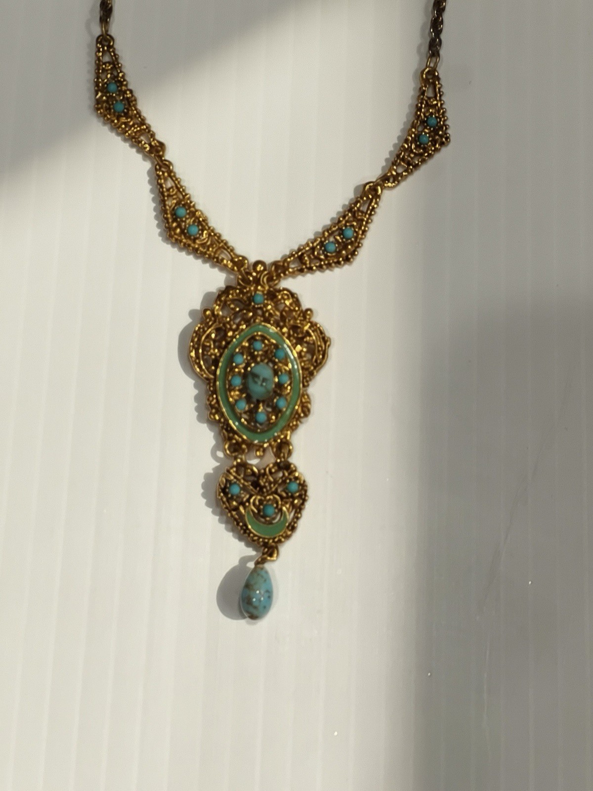 Gold Tone Rolo Chain Necklace Oval Turquoise Rhinestone Pendant, Spring Ring