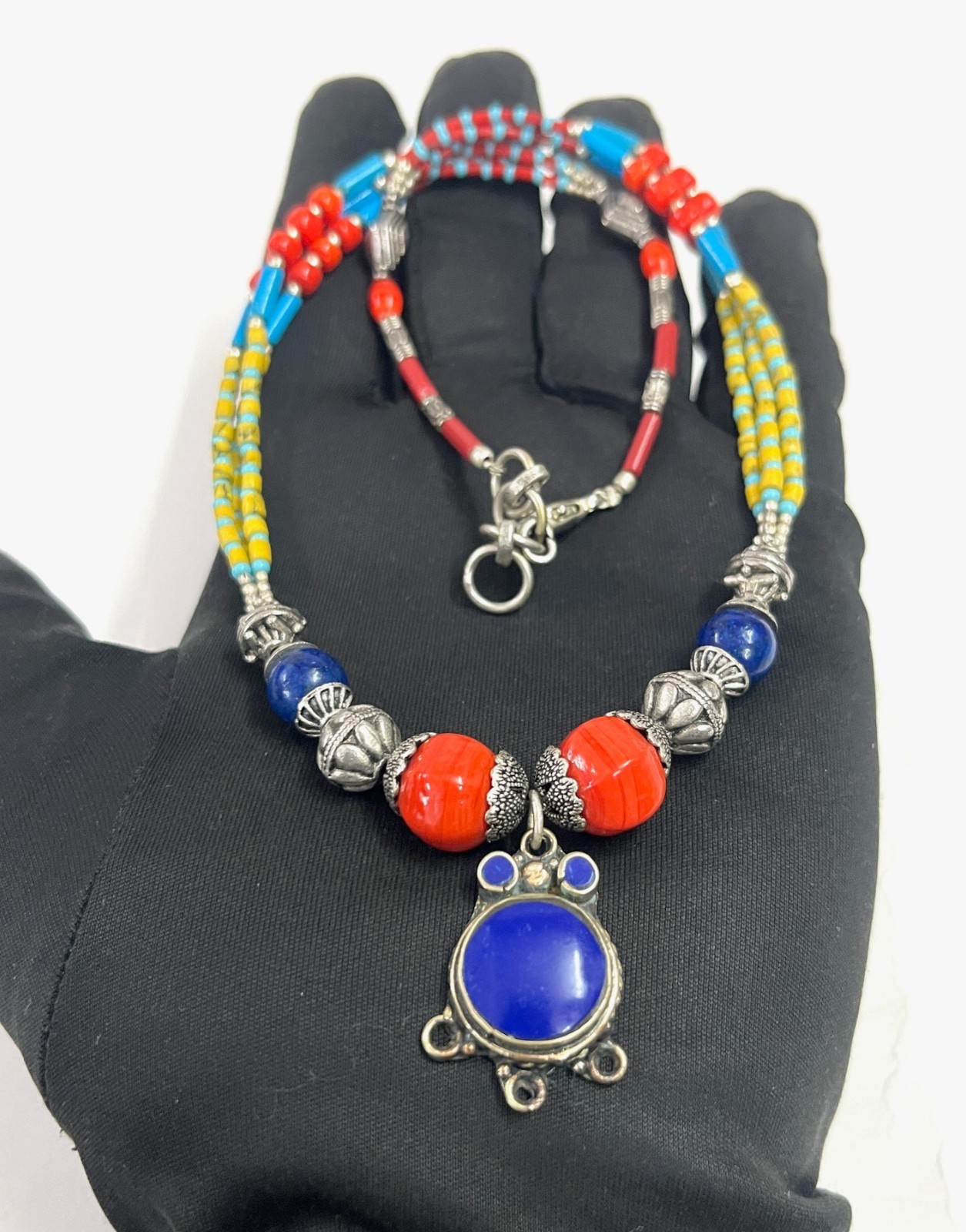 Antique Lapis Coral Gemstone Tibetan Traditional Necklace Jewelry, 16 Inc Adjs