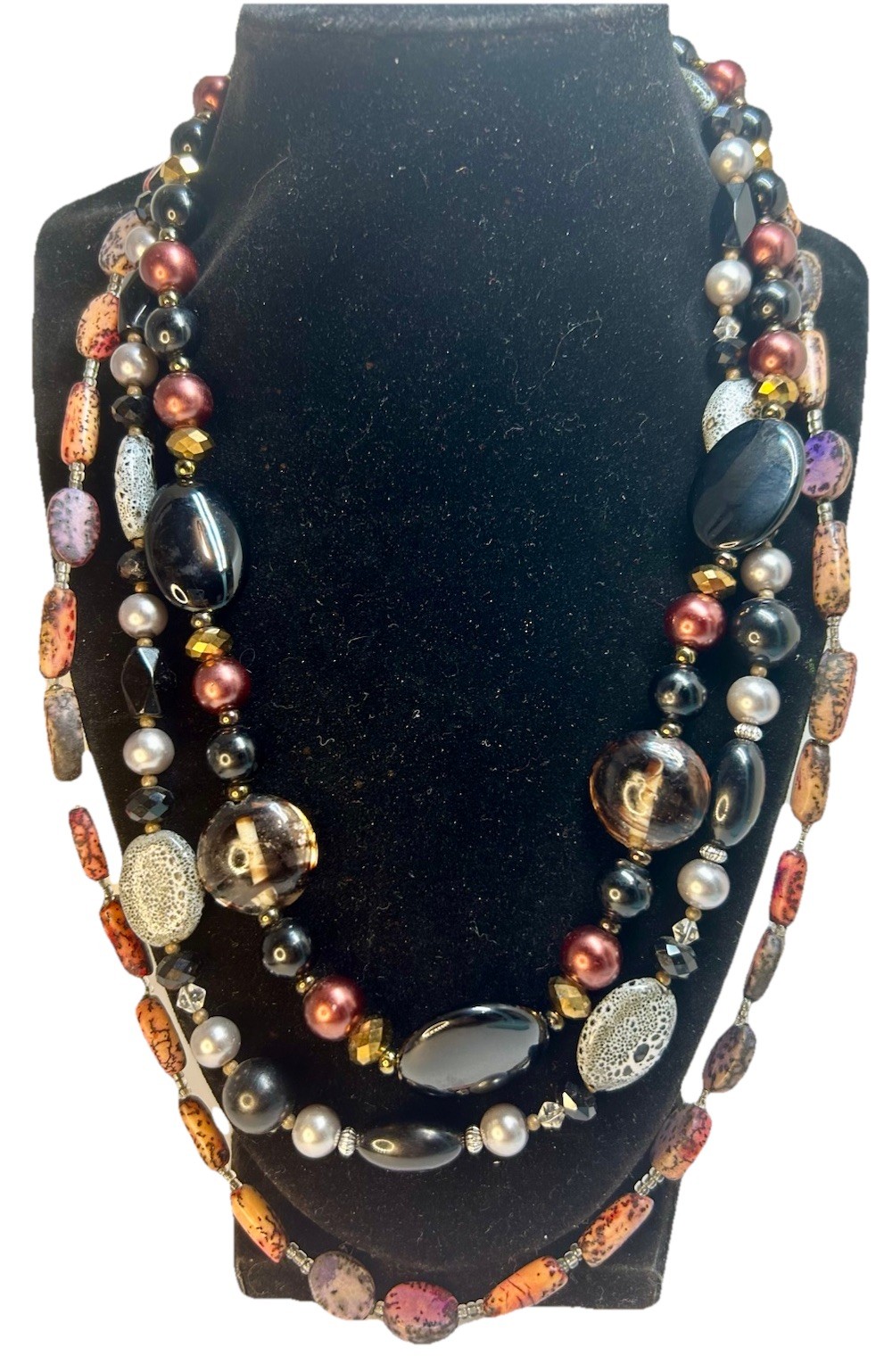 Lot Of 3 -Various Crafted Necklaces Beads & Stones Pendants Earthtones Vintage
