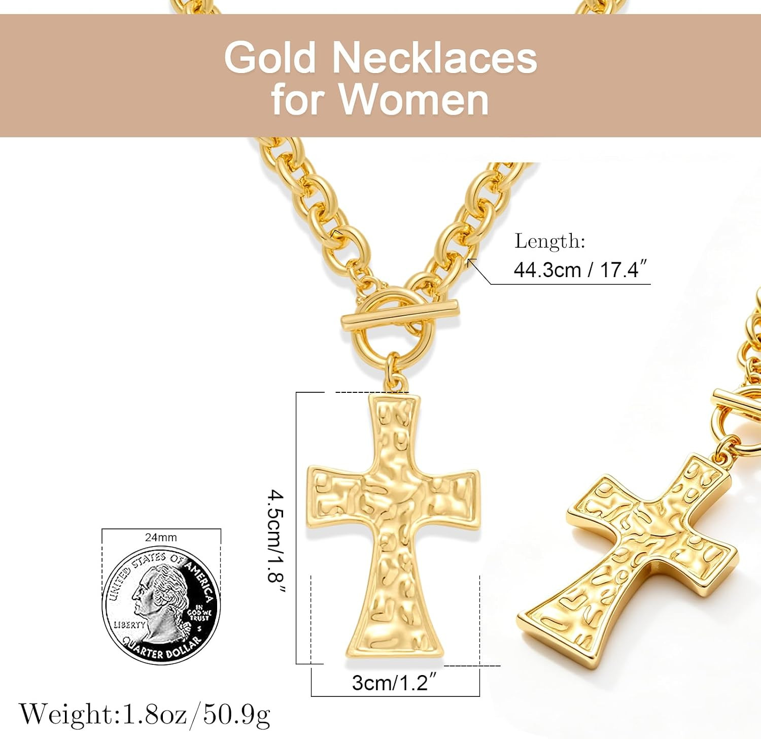 Statement Gold Necklace for Women, 14K Plated Pendant with Vintage Toggle Clasp,